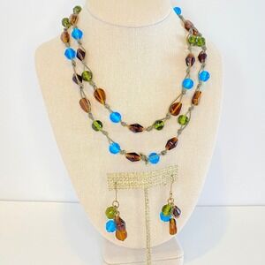 Vintage Artisan Glass Bead Necklace Earrings Set Boho Green Blue Amber Tone 70s
